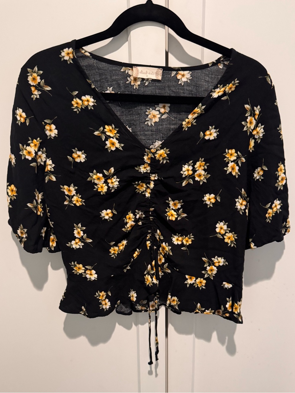 Altar'd State Black Floral Ruched Drawstring Crop Top